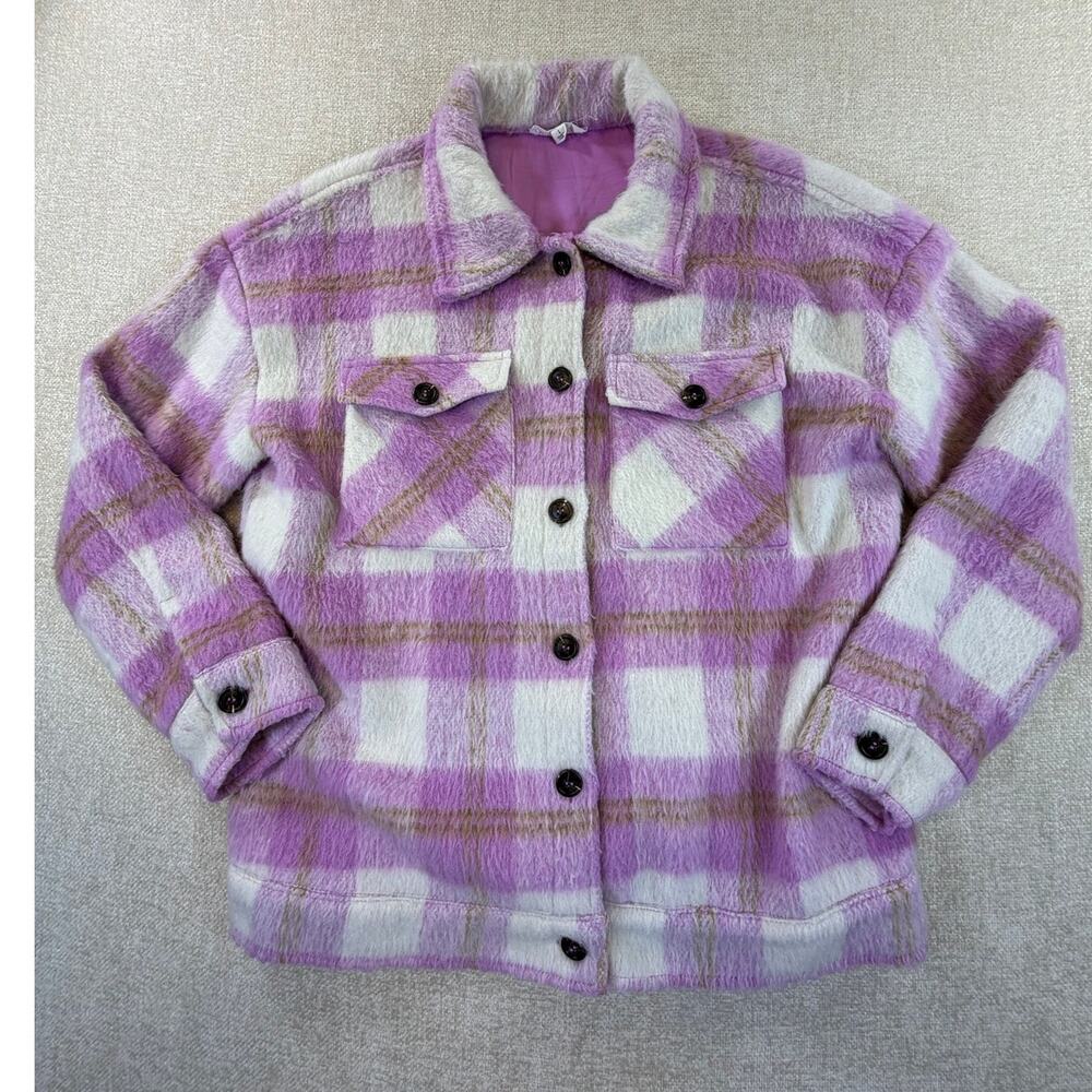 THML Women Large Pink Plaid Sherpa Teddy Long Sleeve Button Front Shacket Jacket
